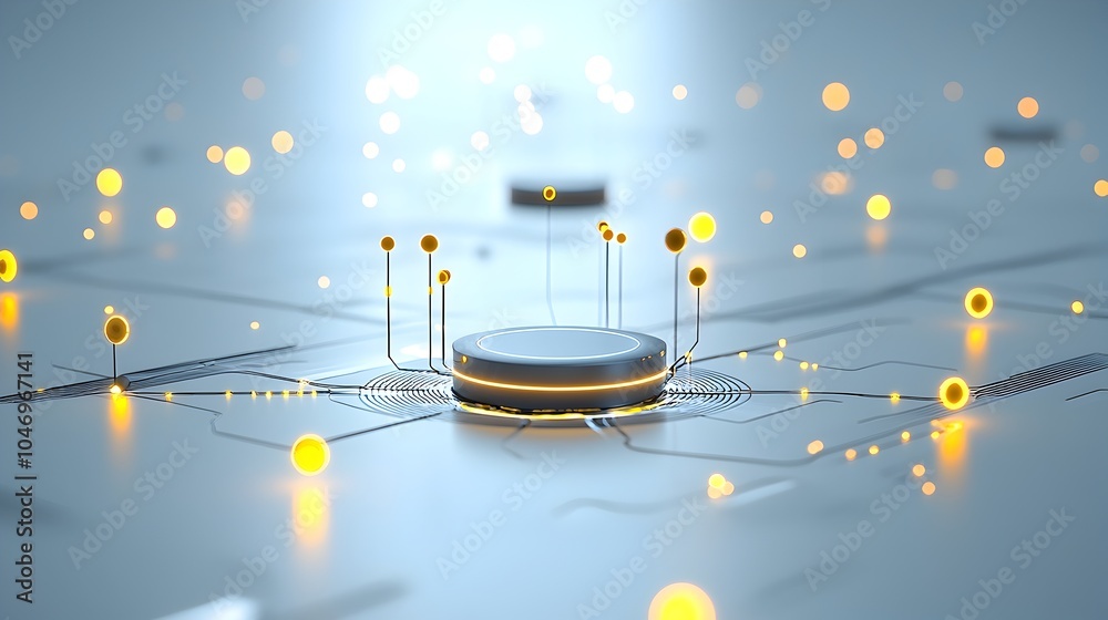 Poster Glowing abstract particles swirling and flowing over a bright white futuristic surface symbolizing the connectivity and intelligence of generative networks