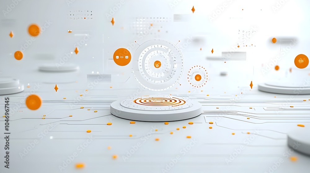 Poster glowing abstract particles swirling and cascading over a bright white futuristic surface