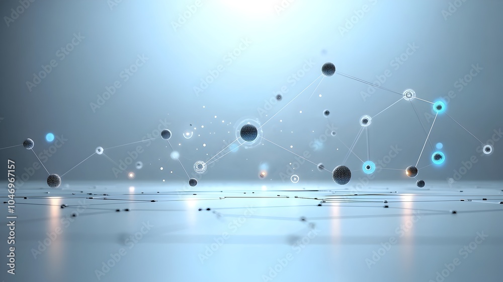 Poster Abstract glowing particles swirling and flowing over a bright white futuristic surface symbolizing the connectivity and intelligent networks of generative systems