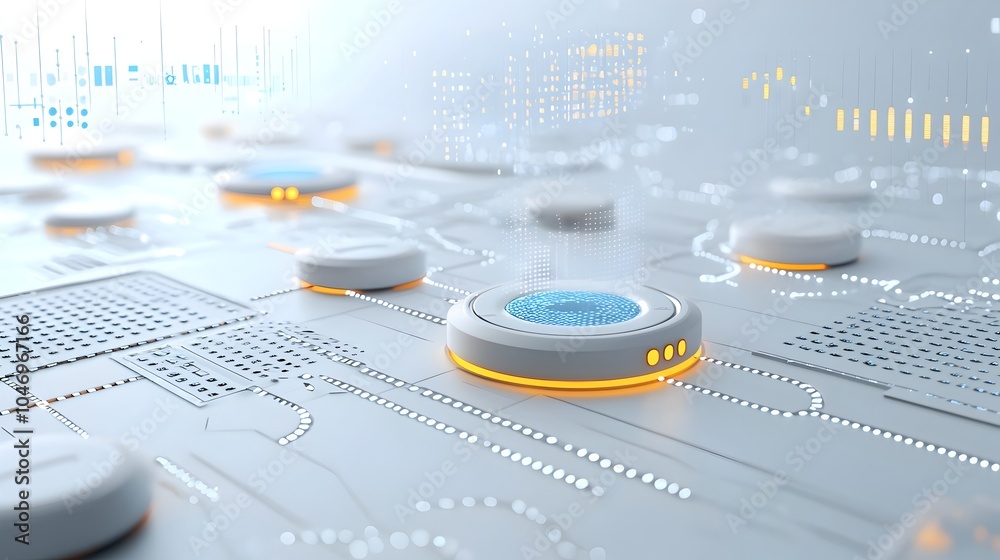 Poster Flowing streams of glowing particles over a modern futuristic white background representing the concept of connectivity powered by generative intelligence technology