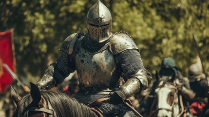 A heavily armored knight mounted on a horse, charging across the battlefield, the knight armor shining, ready for battle