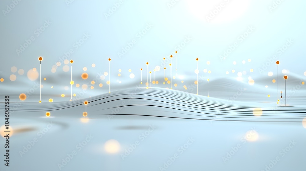 Poster Elegant glowing particles flowing elegantly over a futuristic white digital surface symbolizing the connectivity and innovation driven by generative technology