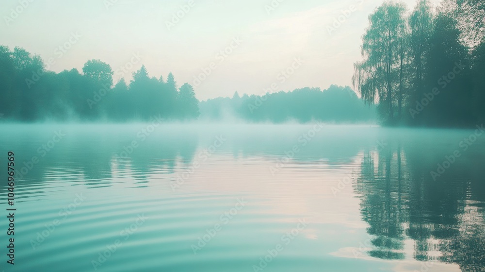 Aufkleber soft mist blankets the calm lake, creating a peaceful atmosphere as gentle ripples disturb the tranq