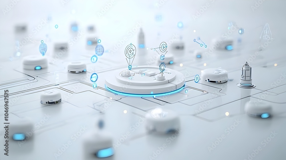 Poster Elegant glowing particles flowing dynamically over a futuristic white surface symbolizing the captivating connectivity and progressive innovation powered by generative technology