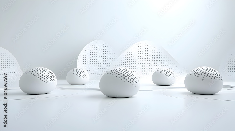 Poster Glowing digital particles flowing in mesmerizing rhythmic patterns over a minimalist white futuristic background representing the concept of dynamic AI powered connectivity and creativity