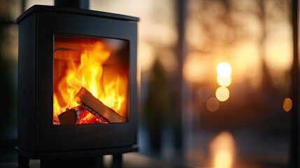 Fototapeta premium Christmas Background, Cozy fire burning in a modern stove with warm ambiance during sunset.