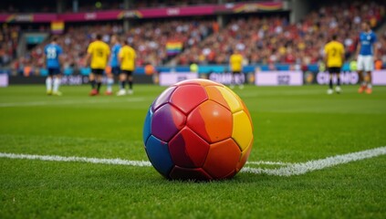 Overhead view of vibrant gay pride rainbow-colored soccer ball on a lush grassy sports field at an LGBT football event