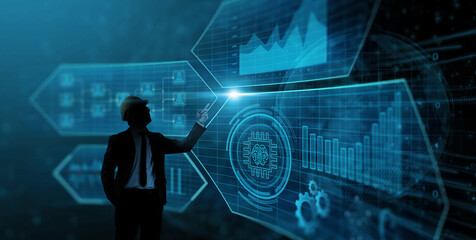 Businessman analyzing data growth increasing sales, marketing, development, management, ideas innovation planning strategy, futuristic chart hologram blue background