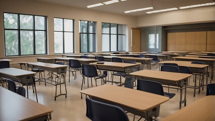 A empty classroom with wooden desks and chairs placed in rows