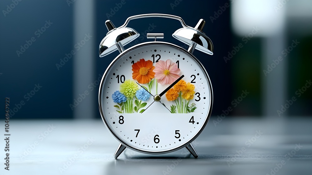 Poster alarm clock with seasonal floral design elements symbolizing the cycles of nature and the importance