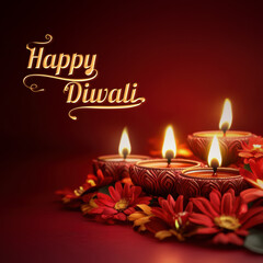 Happy Diwali Celebration Post with Illuminated Oil Lamps (Diya) Surrounded by Flowers on Red Background Photo.