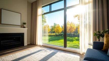 Fototapeta premium Christmas Background, Cozy living room with large windows and a beautiful garden view.
