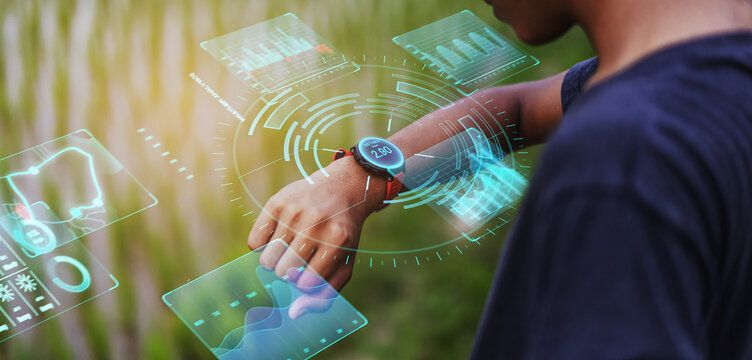 Athlete runner using smartwatch UI assistance technology performance enhancing tracking concept, training fitness sport leisure activity for healthy lifestyle, futuristic holographic ai hologram