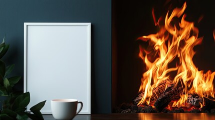 Fototapeta premium Christmas Background, Cozy scene with a mug, a blank frame, and a glowing fireplace ambiance.
