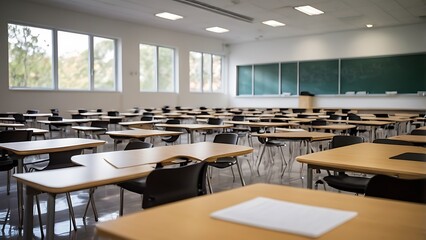 A empty classroom with wooden desks and chairs placed in rows