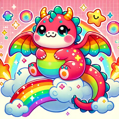 Obraz premium Chubby Dragon with Rainbow Wings, Generative Ai