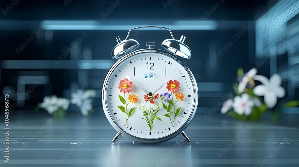 Poster sustainable energy symbolized by an alarm clock with seasonal flowers set against a dark and white f