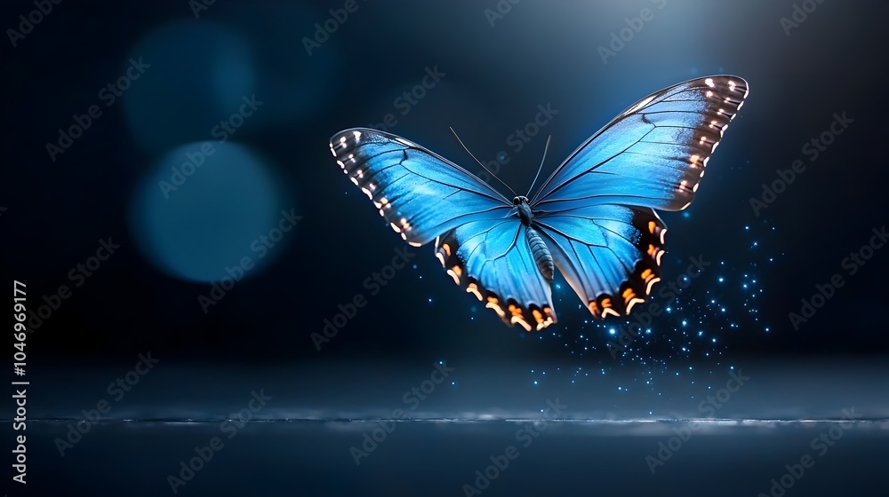 Poster Captivating image of a bright fiery butterfly with glowing blue wings captured in dynamic flight creating a mesmerizing and otherworldly visual effect against a dark mysterious background
