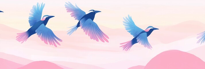 Four blue and pink birds fly in a pastel sky over pink hills.