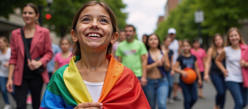 A joyful young girl in pride flag adornment looks up during a gay pride parade celebration promoting inclusivity and diversity among children