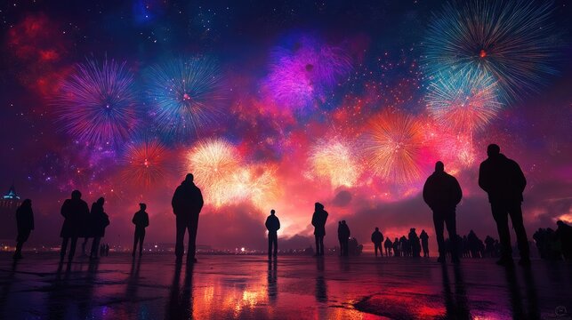 A vibrant night sky filled with fireworks over Blackpool, with the silhouettes of spectators standing in awe. The colors burst and reflect off nearby surfaces, enhancing the scene's beauty.