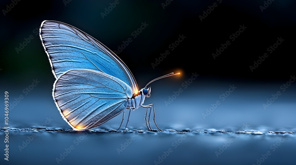 Poster captivating closeup of a glowing blue air butterfly with shimmering delicate wings softly fluttering