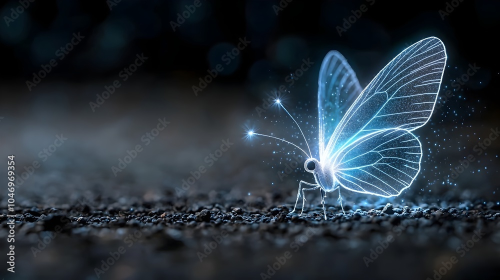 Poster close up of a mesmerizing blue air butterfly with glowing shimmering wings softly fluttering against