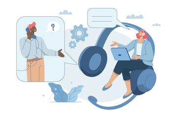Customer services and support, Consultant or suggestions, Hotline, Customers ask for advice, Female officer answers the phone and gives online customer consultation via laptop. Vector design.