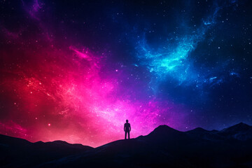 Fototapeta premium A solitary figure gazes at a vibrant cosmic landscape under a starry night sky