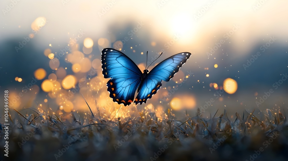 Poster vibrant blue winged butterfly captured in a mesmerizing midair encounter surrounded by bright flames