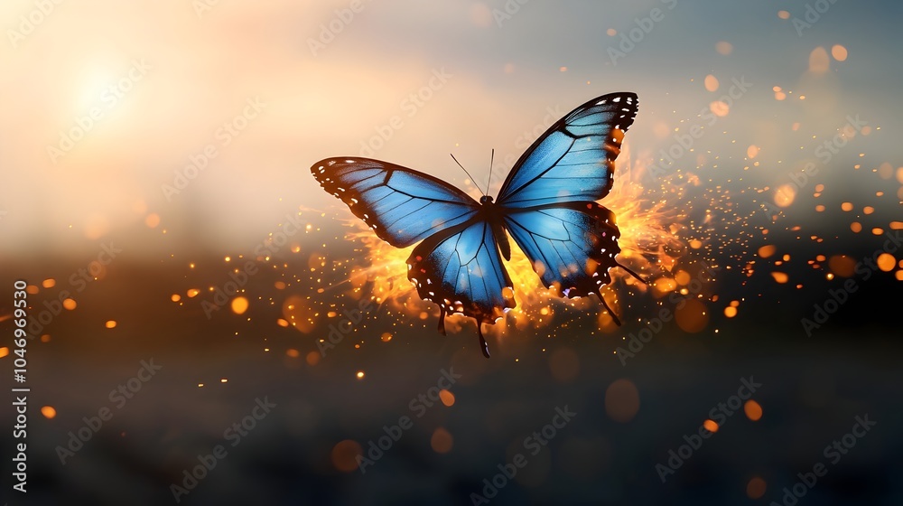 Poster mesmerizing close up of a fiery butterfly with vibrant blue glowing wings captured in mid flight and