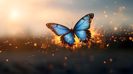 Mesmerizing close up of a fiery butterfly with vibrant blue glowing wings captured in mid flight and surrounded by bright flames and dynamic swirling energy