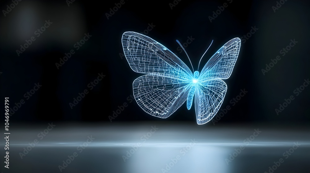 Poster close up of a mesmerizing blue glowing butterfly with delicate wings hovering in mid air set against
