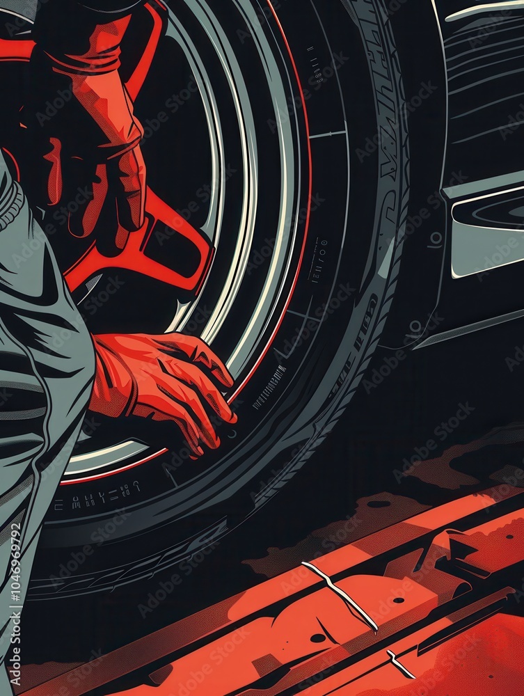 Poster A mechanic bends down to replace a tire, showcasing hands working diligently in a busy automotive workshop. Generative AI