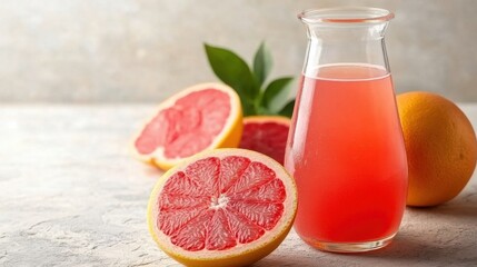 A refreshing glass and bottle of grapefruit juice on a light backdrop, with ample space for text or design, offering a fresh, citrus-filled scene