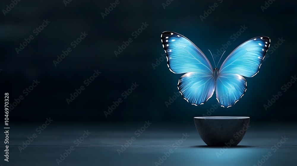 Poster captivating image of a fiery butterfly with intensely glowing blue wings soaring through a dark dram