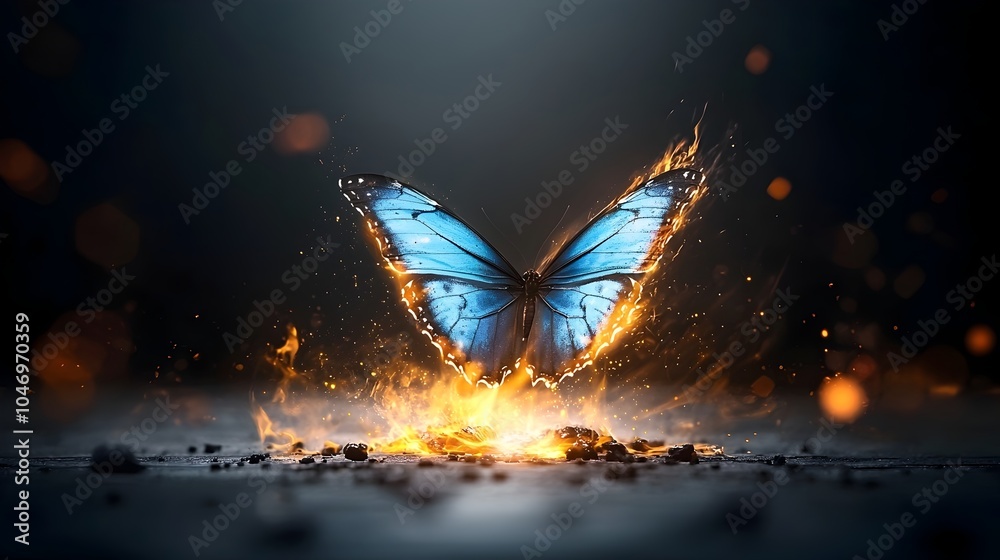 Leinwandbilder captivating image of a fiery butterfly with mesmerizing blue glowing wings captured in dynamic motio