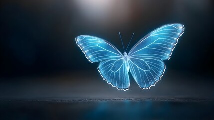Fiery butterfly with bright blue wings glowing intensely creating a striking visual effect as it flies through a dark background evoking a sense of mystery fantasy and ethereal beauty