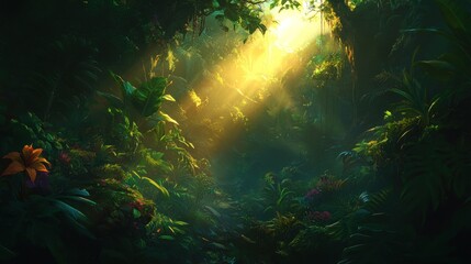 Obraz premium Sunlight beams through the dense foliage of a tropical jungle, illuminating the lush greenery and vibrant flowers.