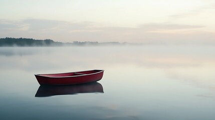 Naklejka premium A serene scene featuring a single red rowboat gently floating on a still, foggy lake at dawn, surrounded by soft, muted colors and a delicate mist rising from the water