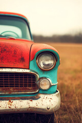 Fototapeta premium Vintage rusted pickup truck parked in a field during overcast weather in late afternoon light