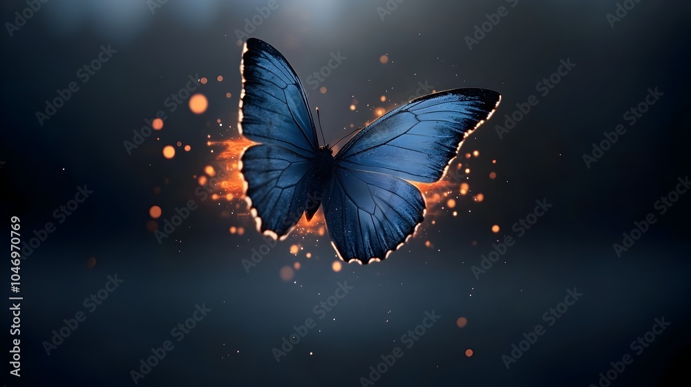 Poster Glowing blue air butterfly with luminous wings floating delicately in a fiery aura and soft light against a dark mysterious backdrop creating a captivating and otherworldly scene