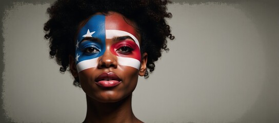 African American woman adorned with patriotic flag face paint rendered in grungy digital art style