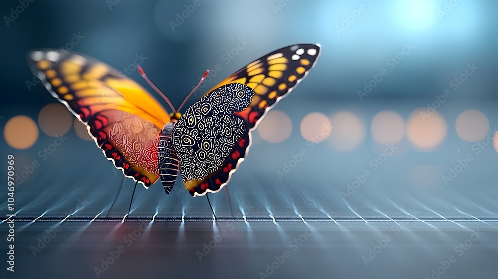 Poster stunning multicolored butterfly with detailed thai pattern designs on its wings glowing in a futuris