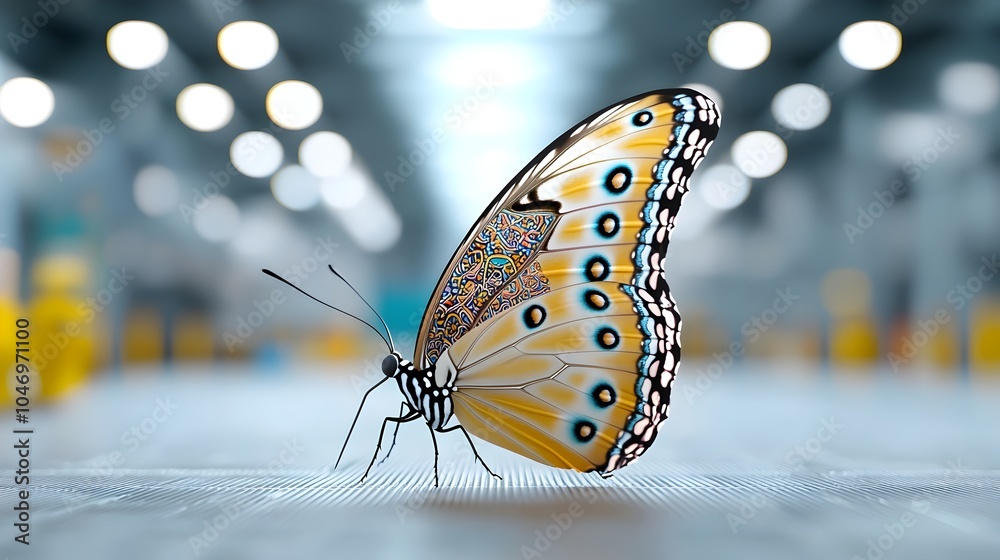 Fototapete Captivating close up of a big beautiful multicolored butterfly with intricate Thai inspired patterns on its wings set against a striking futuristic sci fi backdrop