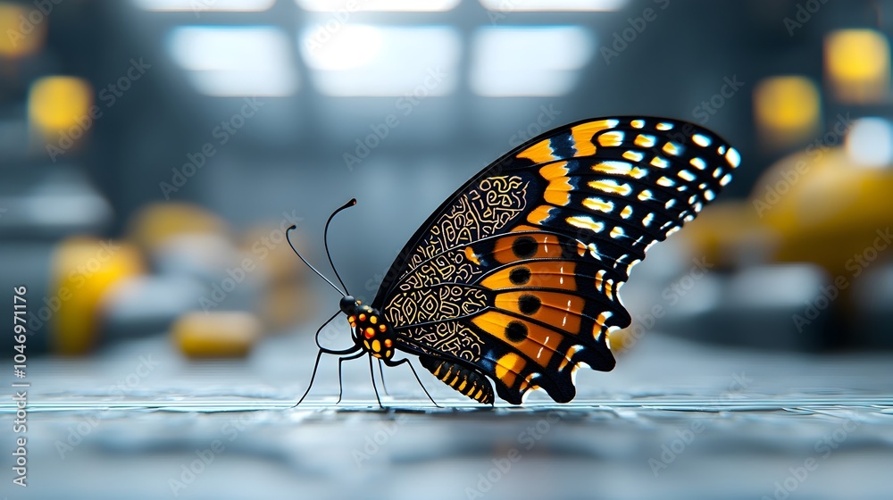 Aufkleber Captivating close up of a large beautiful butterfly with intricate Thai inspired patterns on its wings set against a futuristic sci fi inspired backdrop