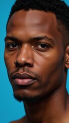 Obraz premium Close-up portrait featuring an African American man against a blue backdrop with emphasis on his expressive eyes