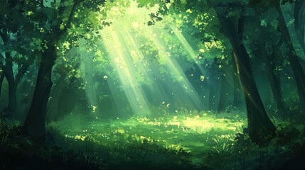 Obraz premium Sunlight streams through the canopy of a lush, green forest, illuminating a clearing in the undergrowth.