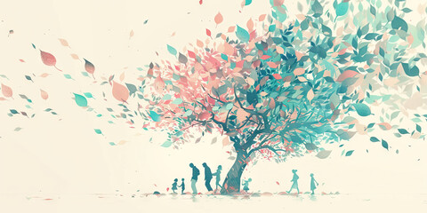 Branching Out: The expansion of a family tree, with leaves representing various family members in shades of pink, blue, and green.