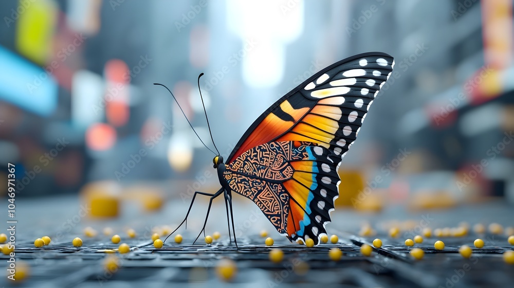 Leinwandbilder Mesmerizing multicolored butterfly with intricate Thai inspired patterns on its wings set against a stunning futuristic sci fi backdrop that creates a dreamlike captivating visual